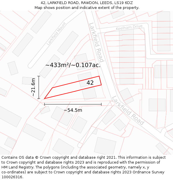 42, LARKFIELD ROAD, RAWDON, LEEDS, LS19 6DZ: Plot and title map
