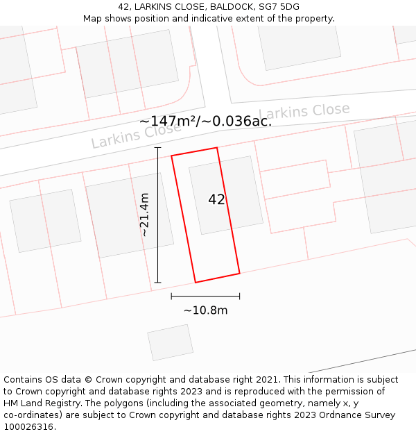 42, LARKINS CLOSE, BALDOCK, SG7 5DG: Plot and title map