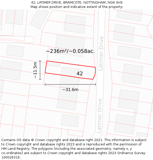 42, LATIMER DRIVE, BRAMCOTE, NOTTINGHAM, NG9 3HS: Plot and title map