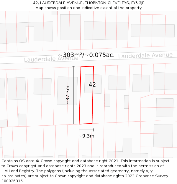 42, LAUDERDALE AVENUE, THORNTON-CLEVELEYS, FY5 3JP: Plot and title map