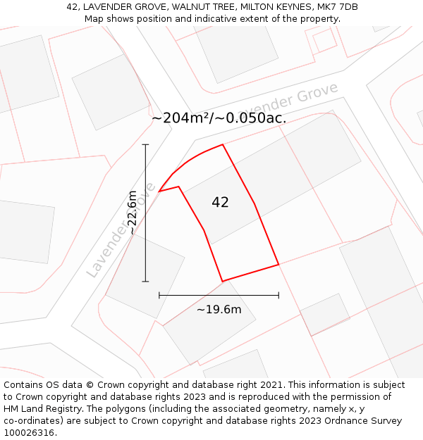 42, LAVENDER GROVE, WALNUT TREE, MILTON KEYNES, MK7 7DB: Plot and title map