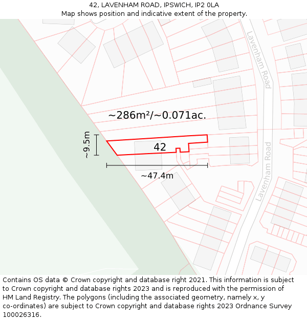 42, LAVENHAM ROAD, IPSWICH, IP2 0LA: Plot and title map
