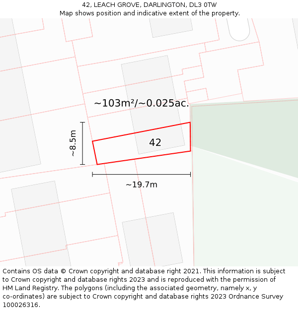 42, LEACH GROVE, DARLINGTON, DL3 0TW: Plot and title map