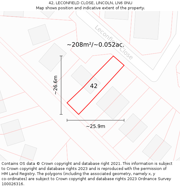 42, LECONFIELD CLOSE, LINCOLN, LN6 0NU: Plot and title map