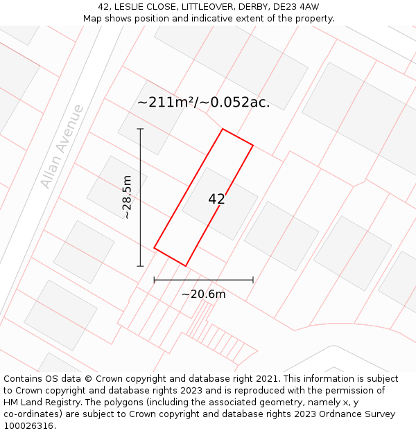 42, LESLIE CLOSE, LITTLEOVER, DERBY, DE23 4AW: Plot and title map