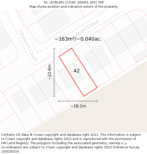 42, LEYBURN CLOSE, WIGAN, WN1 3NF: Plot and title map