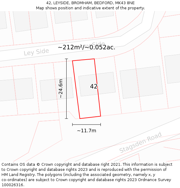 42, LEYSIDE, BROMHAM, BEDFORD, MK43 8NE: Plot and title map