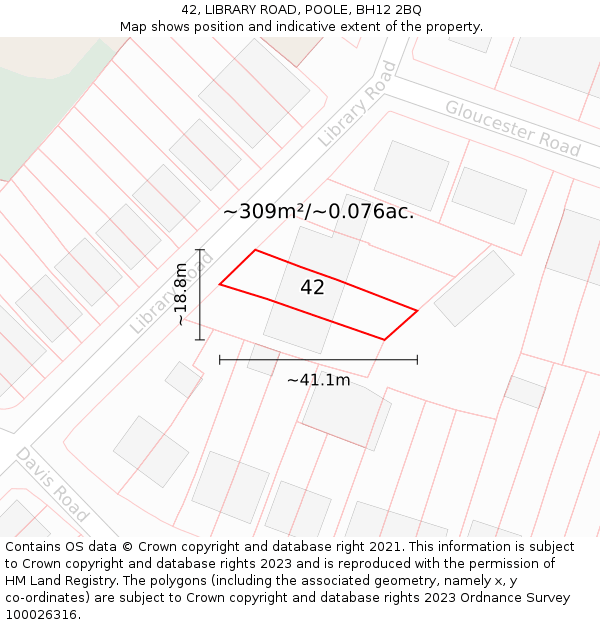 42, LIBRARY ROAD, POOLE, BH12 2BQ: Plot and title map