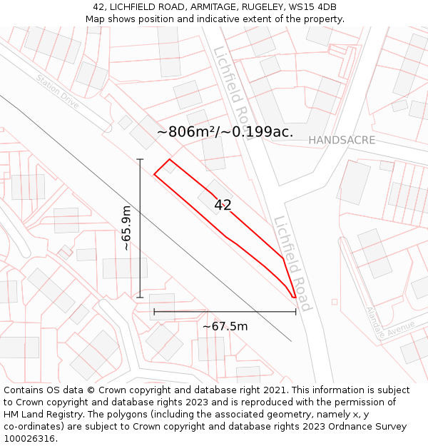 42, LICHFIELD ROAD, ARMITAGE, RUGELEY, WS15 4DB: Plot and title map