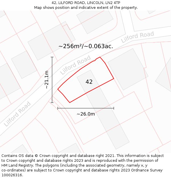 42, LILFORD ROAD, LINCOLN, LN2 4TP: Plot and title map