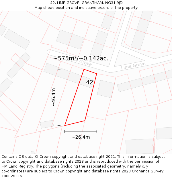 42, LIME GROVE, GRANTHAM, NG31 9JD: Plot and title map