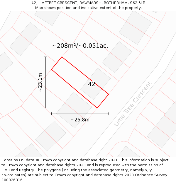 42, LIMETREE CRESCENT, RAWMARSH, ROTHERHAM, S62 5LB: Plot and title map