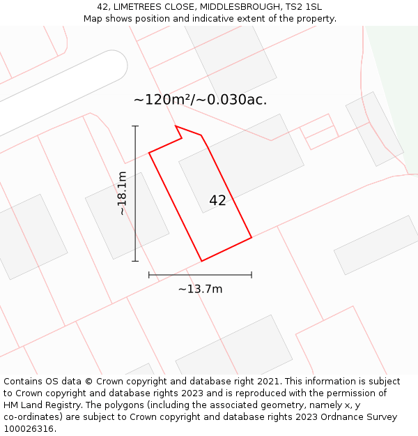 42, LIMETREES CLOSE, MIDDLESBROUGH, TS2 1SL: Plot and title map