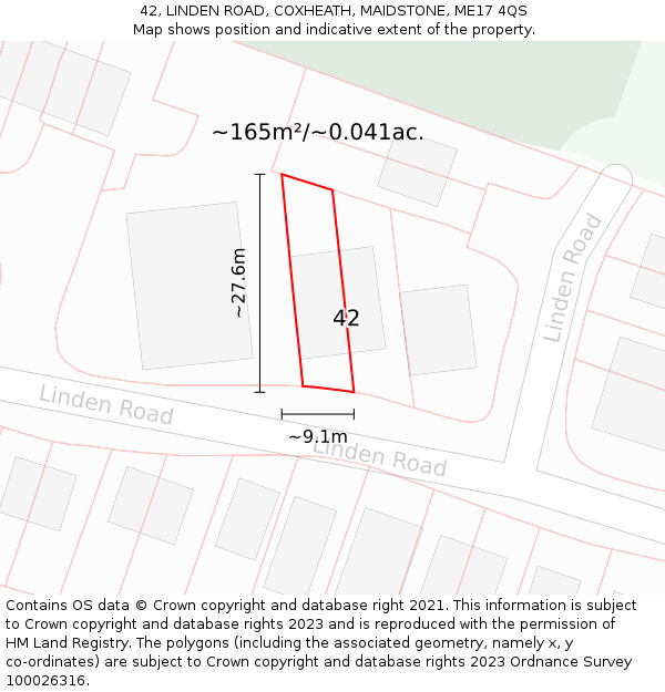 42, LINDEN ROAD, COXHEATH, MAIDSTONE, ME17 4QS: Plot and title map
