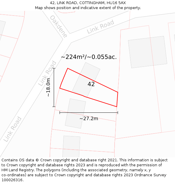 42, LINK ROAD, COTTINGHAM, HU16 5AX: Plot and title map