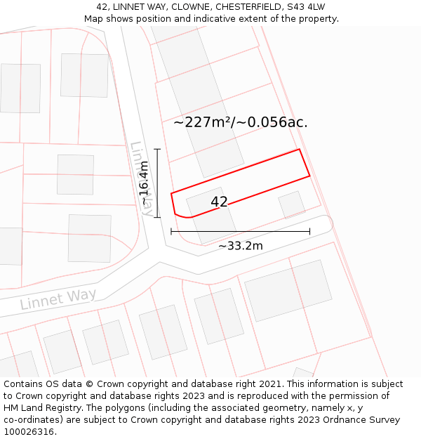 42, LINNET WAY, CLOWNE, CHESTERFIELD, S43 4LW: Plot and title map