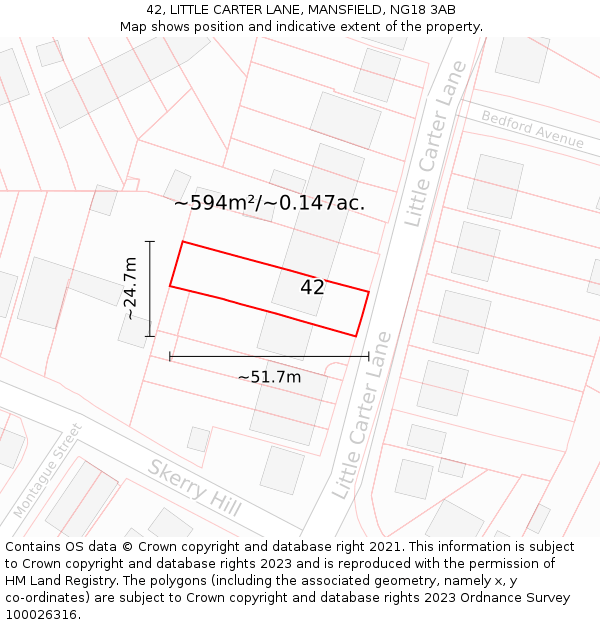 42, LITTLE CARTER LANE, MANSFIELD, NG18 3AB: Plot and title map