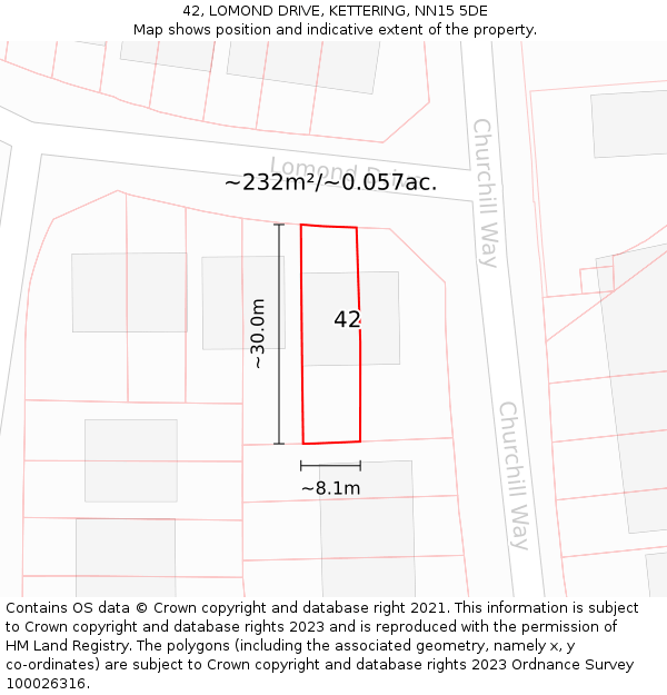 42, LOMOND DRIVE, KETTERING, NN15 5DE: Plot and title map
