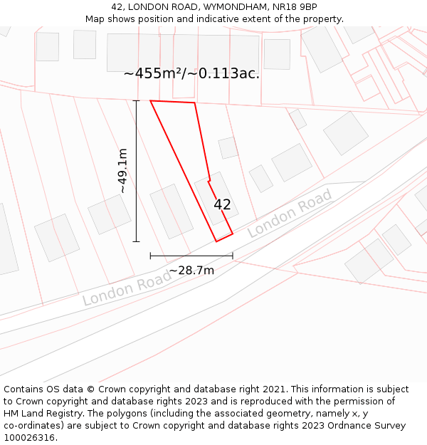 42, LONDON ROAD, WYMONDHAM, NR18 9BP: Plot and title map