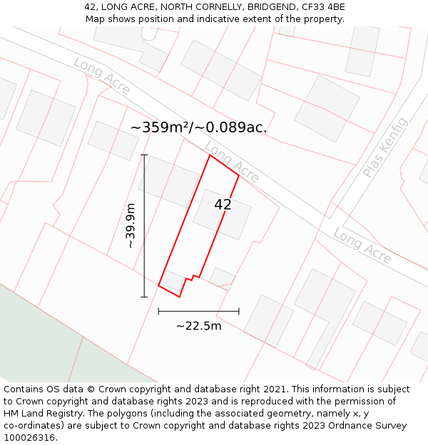 42, LONG ACRE, NORTH CORNELLY, BRIDGEND, CF33 4BE: Plot and title map