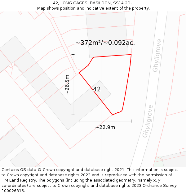 42, LONG GAGES, BASILDON, SS14 2DU: Plot and title map