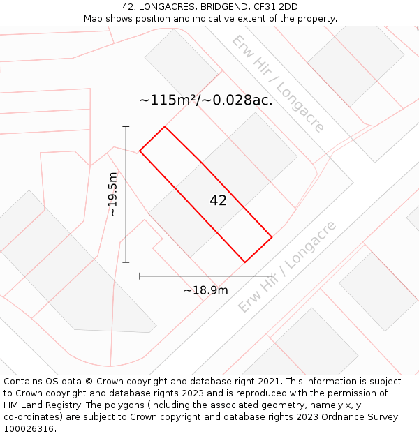 42, LONGACRES, BRIDGEND, CF31 2DD: Plot and title map