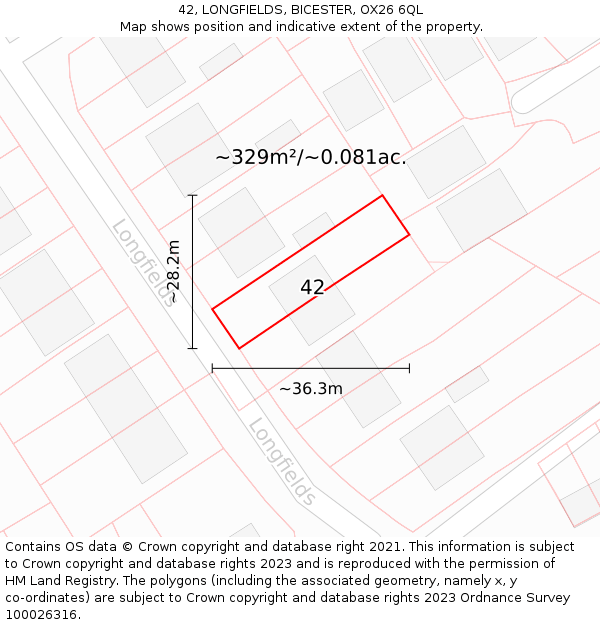 42, LONGFIELDS, BICESTER, OX26 6QL: Plot and title map