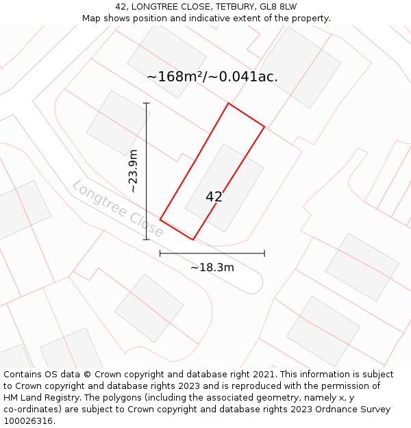 42, LONGTREE CLOSE, TETBURY, GL8 8LW: Plot and title map