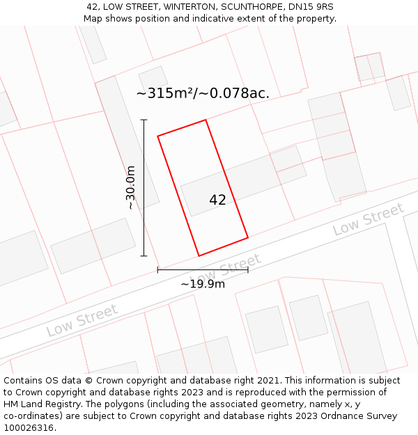 42, LOW STREET, WINTERTON, SCUNTHORPE, DN15 9RS: Plot and title map