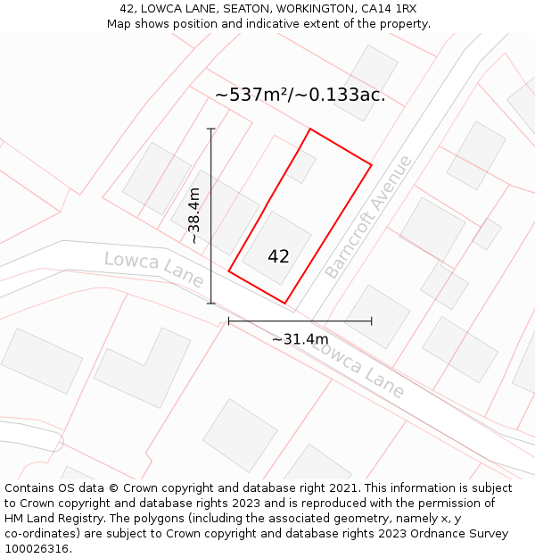 42, LOWCA LANE, SEATON, WORKINGTON, CA14 1RX: Plot and title map