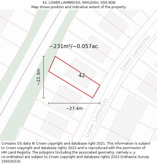 42, LOWER LAMBRICKS, RAYLEIGH, SS6 8DB: Plot and title map