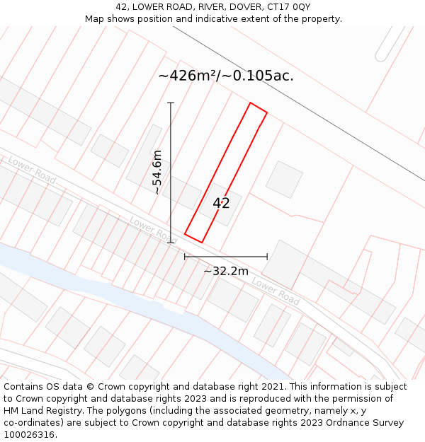 42, LOWER ROAD, RIVER, DOVER, CT17 0QY: Plot and title map