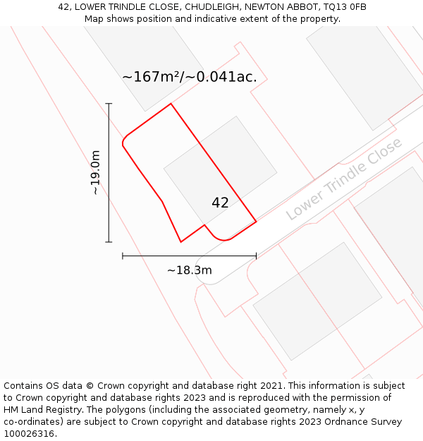42, LOWER TRINDLE CLOSE, CHUDLEIGH, NEWTON ABBOT, TQ13 0FB: Plot and title map