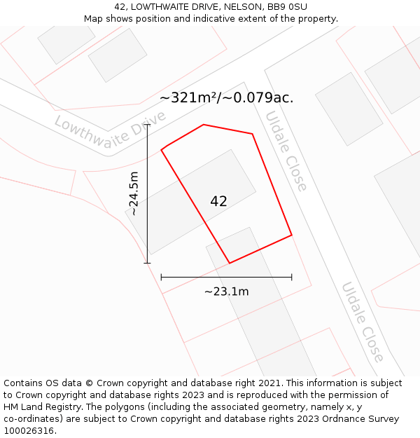 42, LOWTHWAITE DRIVE, NELSON, BB9 0SU: Plot and title map