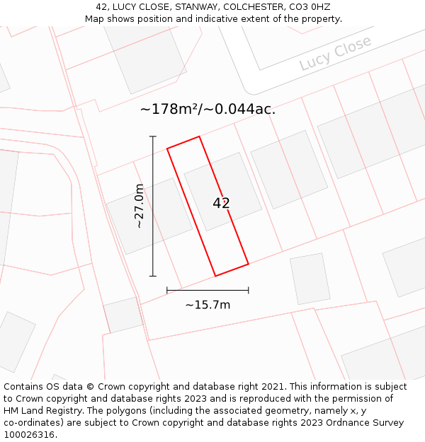 42, LUCY CLOSE, STANWAY, COLCHESTER, CO3 0HZ: Plot and title map