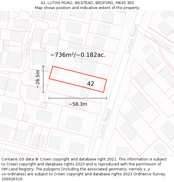 42, LUTON ROAD, WILSTEAD, BEDFORD, MK45 3EX: Plot and title map