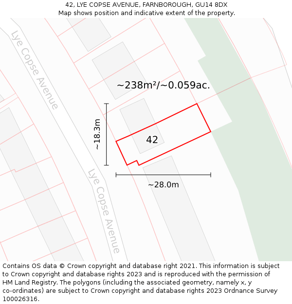 42, LYE COPSE AVENUE, FARNBOROUGH, GU14 8DX: Plot and title map