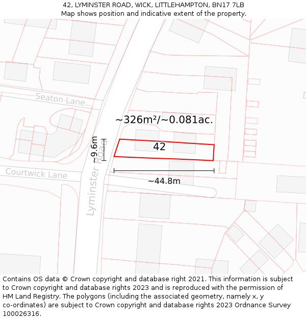42, LYMINSTER ROAD, WICK, LITTLEHAMPTON, BN17 7LB: Plot and title map