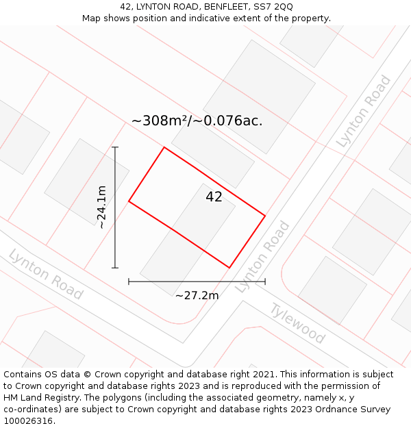 42, LYNTON ROAD, BENFLEET, SS7 2QQ: Plot and title map