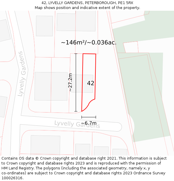 42, LYVELLY GARDENS, PETERBOROUGH, PE1 5RX: Plot and title map