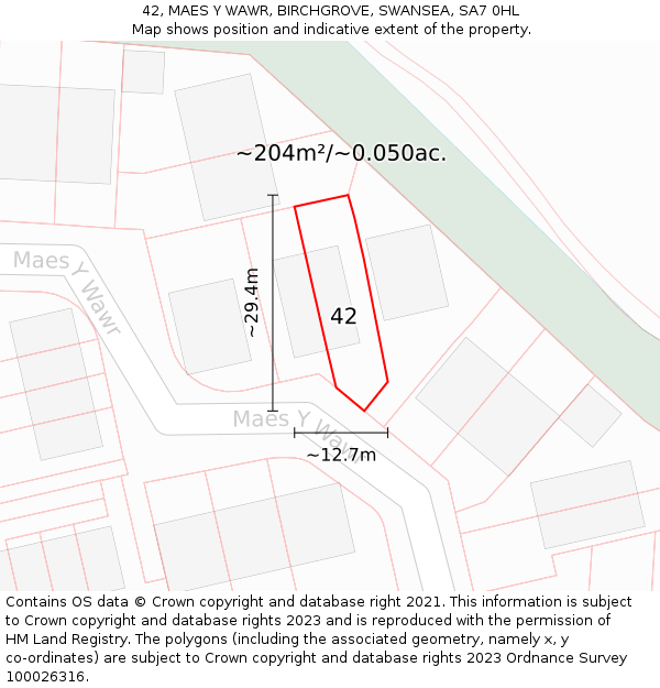 42, MAES Y WAWR, BIRCHGROVE, SWANSEA, SA7 0HL: Plot and title map
