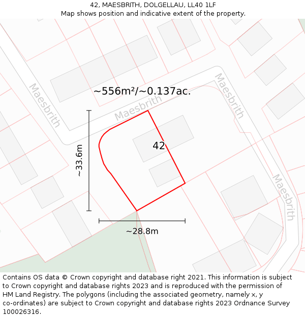 42, MAESBRITH, DOLGELLAU, LL40 1LF: Plot and title map