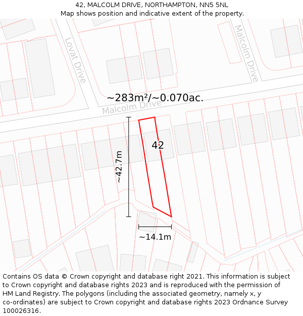 42, MALCOLM DRIVE, NORTHAMPTON, NN5 5NL: Plot and title map