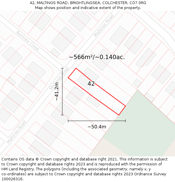 42, MALTINGS ROAD, BRIGHTLINGSEA, COLCHESTER, CO7 0RG: Plot and title map