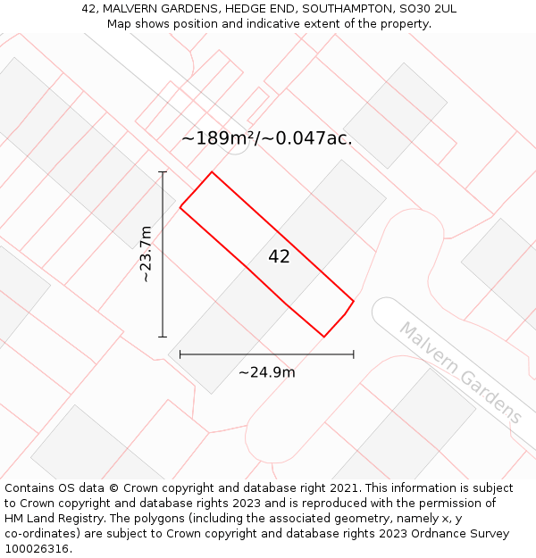 42, MALVERN GARDENS, HEDGE END, SOUTHAMPTON, SO30 2UL: Plot and title map