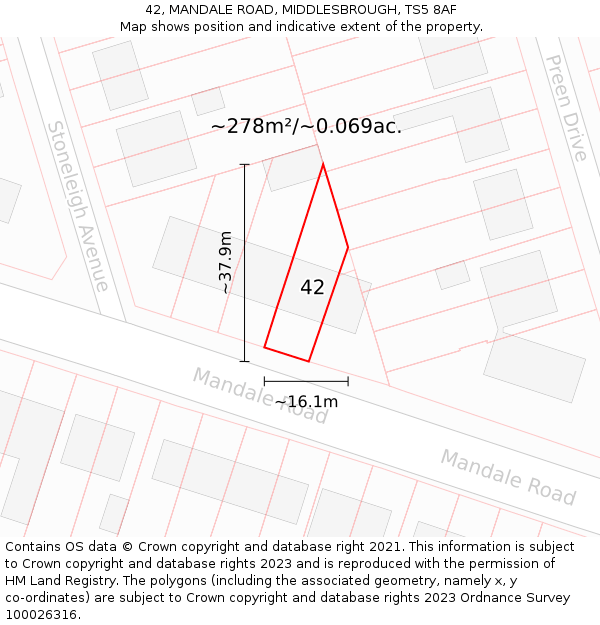 42, MANDALE ROAD, MIDDLESBROUGH, TS5 8AF: Plot and title map