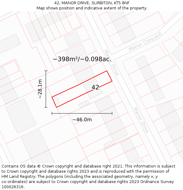 42, MANOR DRIVE, SURBITON, KT5 8NF: Plot and title map