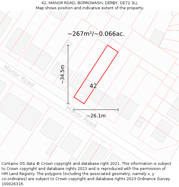 42, MANOR ROAD, BORROWASH, DERBY, DE72 3LL: Plot and title map