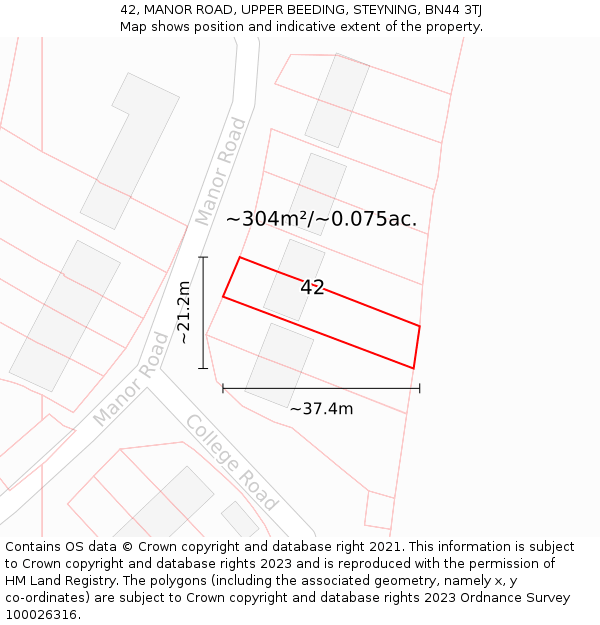 42, MANOR ROAD, UPPER BEEDING, STEYNING, BN44 3TJ: Plot and title map