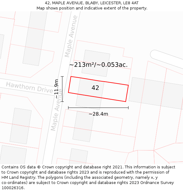 42, MAPLE AVENUE, BLABY, LEICESTER, LE8 4AT: Plot and title map